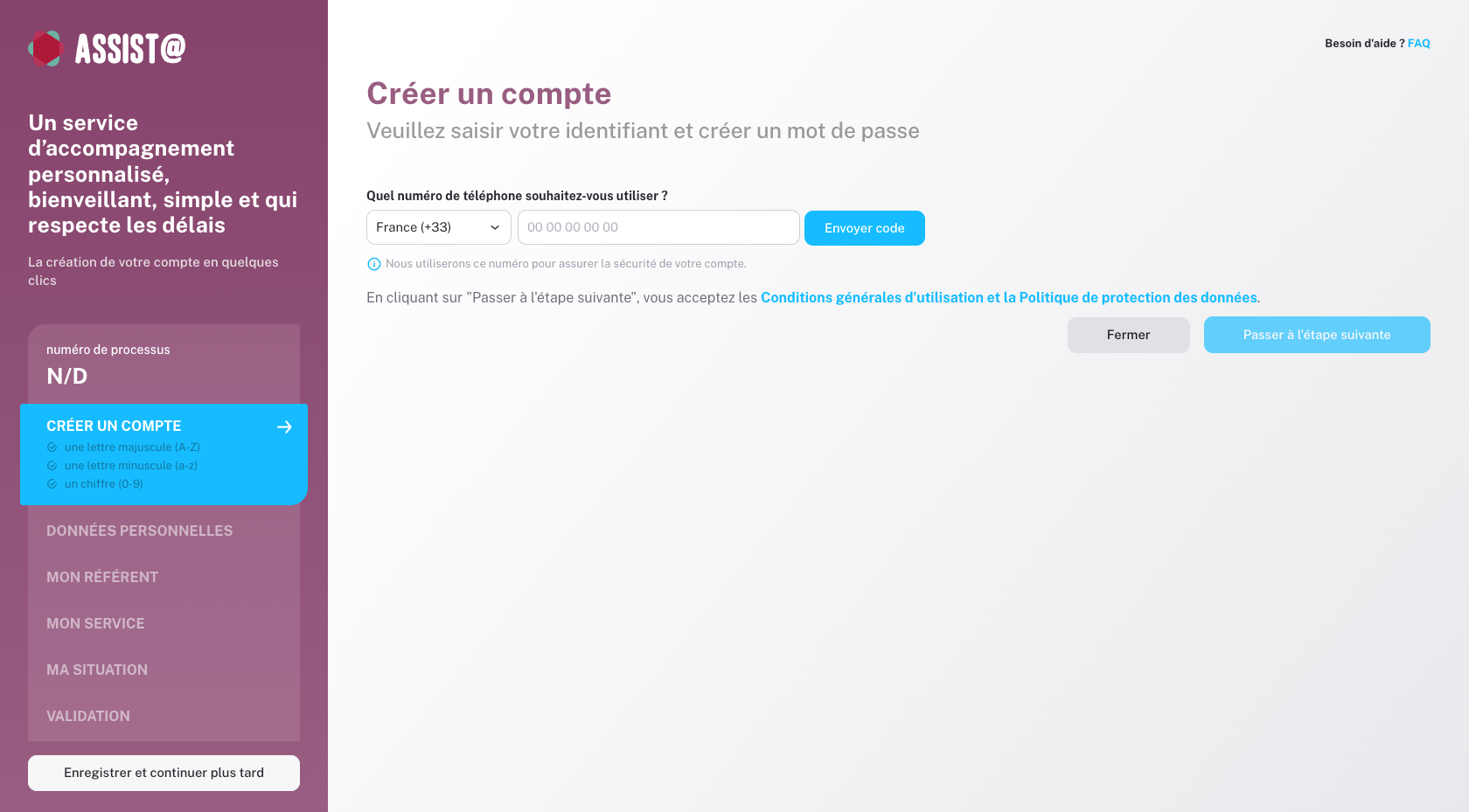 Assist@ account creation in French: dark purple sidebar with ASSIST@ branding and multi-step menu (Créer un compte active), main panel with phone field, France +33, Envoyer code, legal terms, Fermer and Passer à l'étape suivante buttons, FAQ link.