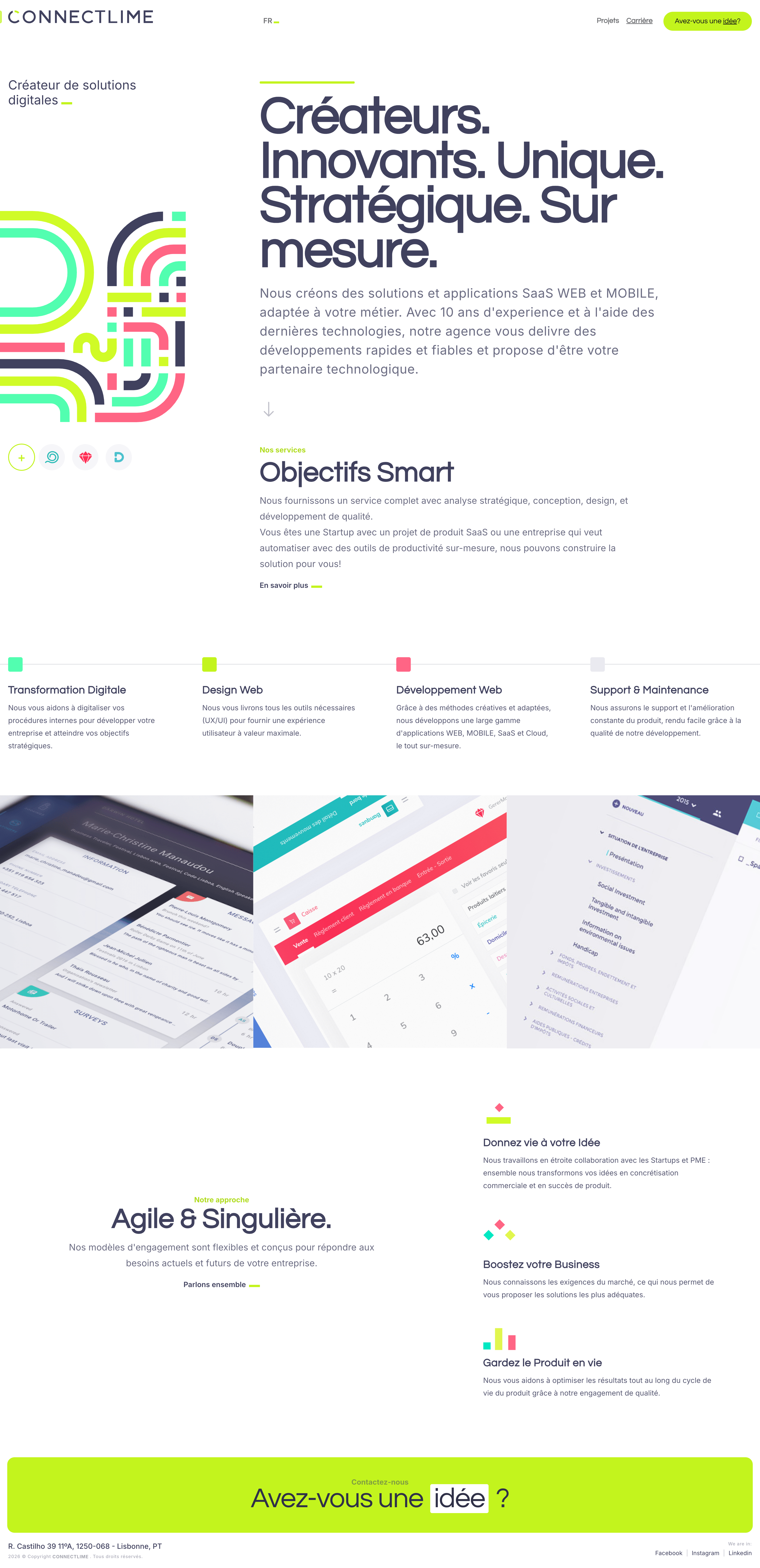 ConnectLime homepage from hero through footer: geometric line art, headline, services grid, tilted mockups, Agile & Singulière section, and contact banner.