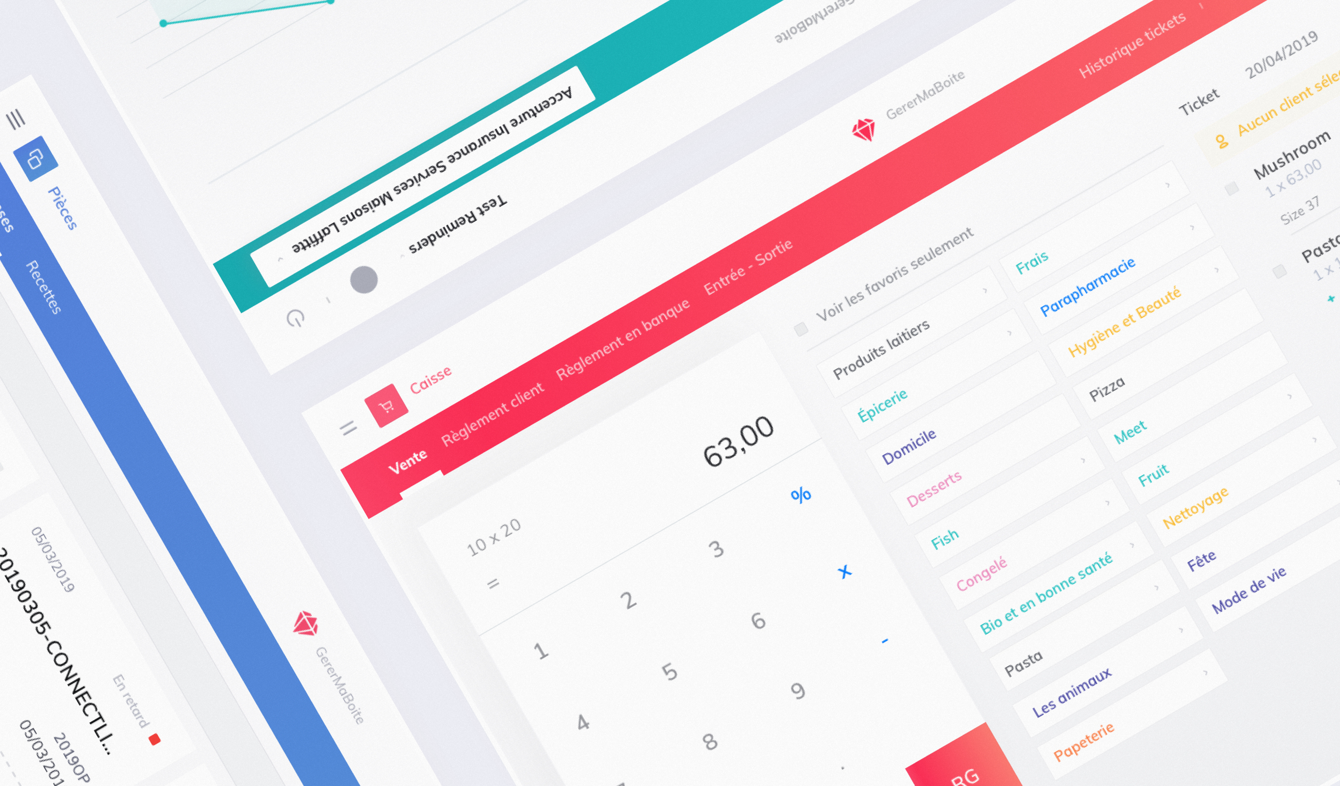 GererMaBoite SaaS POS mockup in French: red navigation with sales and register flows, calculator keypad, colourful product categories, receipt ticket, and stacked dashboard windows with GMB branding.