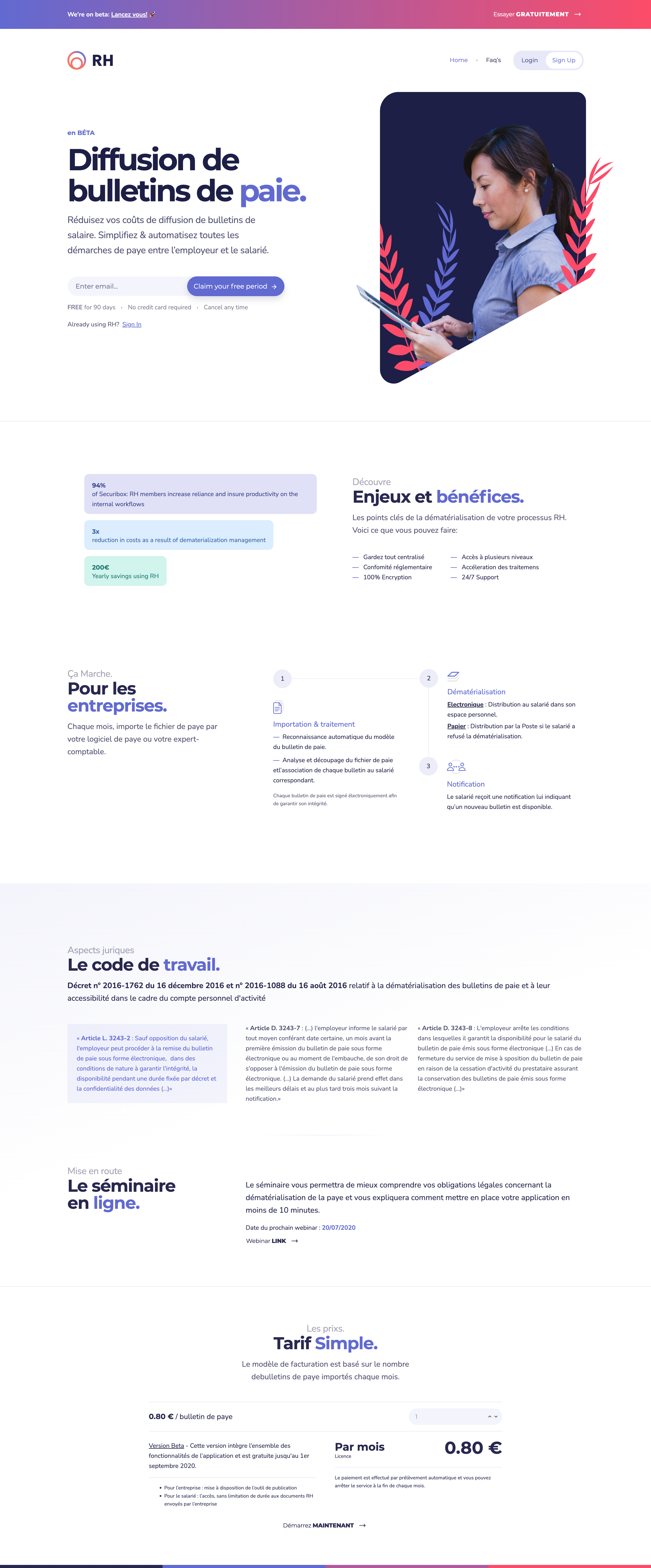 RH by Securibox long-form landing in French: hero on payslip distribution, stakeholder stats and benefits, three-step process for companies, labour-code cards, webinar block, and per-payslip pricing.