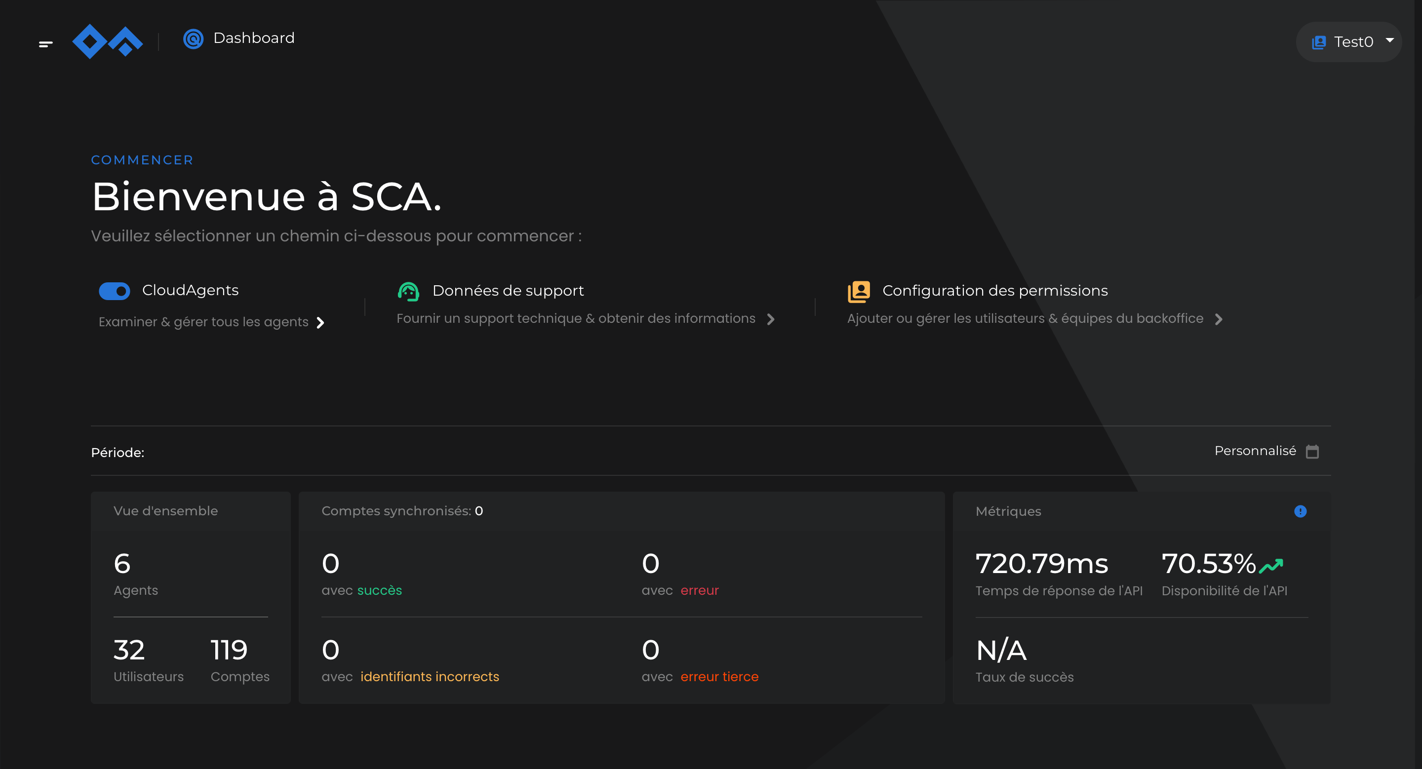 SCA Dashboard: three jobs — agents, support, permissions.