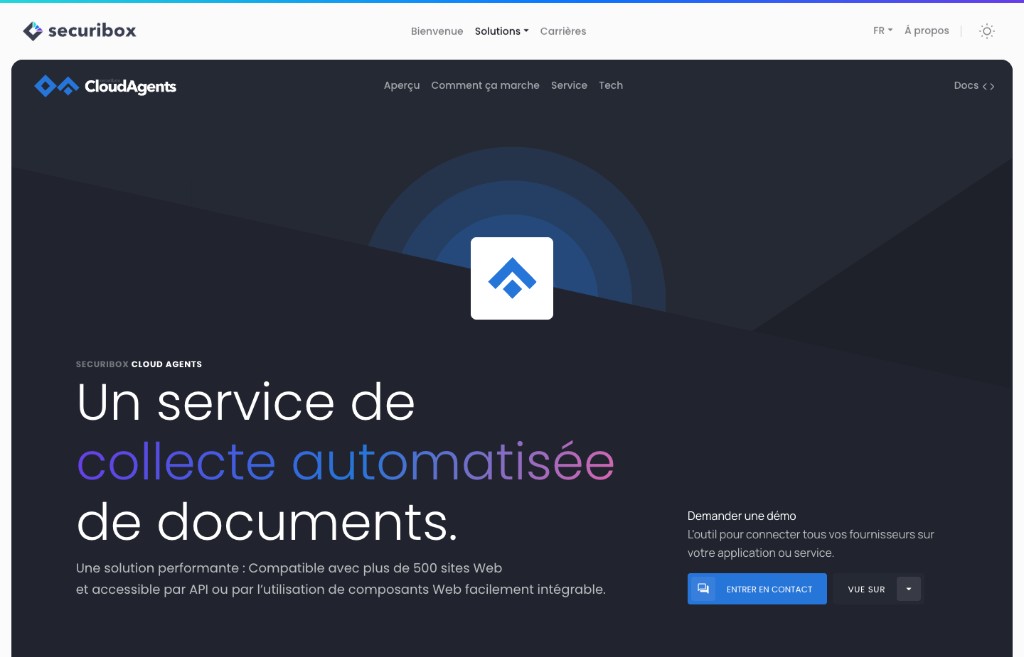 Securibox CloudAgents public landing — dark hero with navigation, product mark, headline on automated document collection, and demo call-to-action.