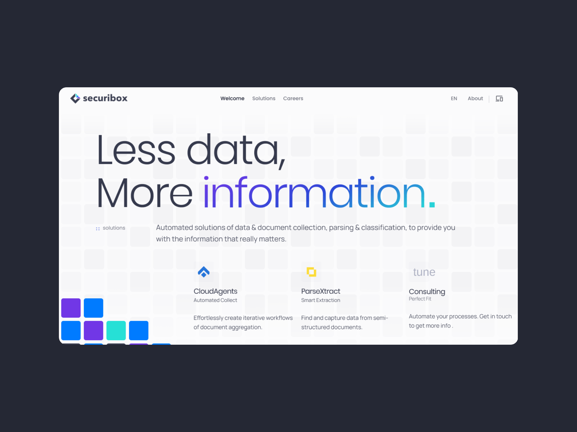 Securibox corporate homepage from hero through footer, including Less data More information, the Analyze, Organize, Visualize mission, and solution pages for CloudAgents, ParseXtract, and Consulting.