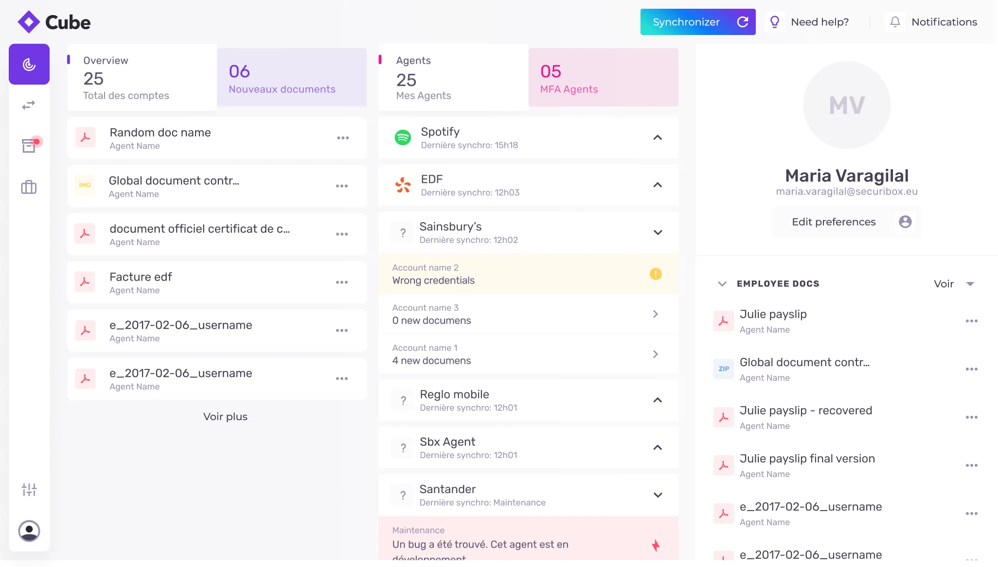 Drop in: three-column dashboard — My Collection, My Agents, HR Documents.