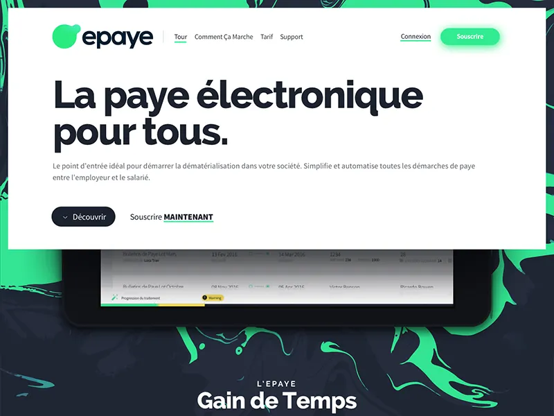 Epaye proposal: focal view of value proposition and visual identity for electronic payroll.