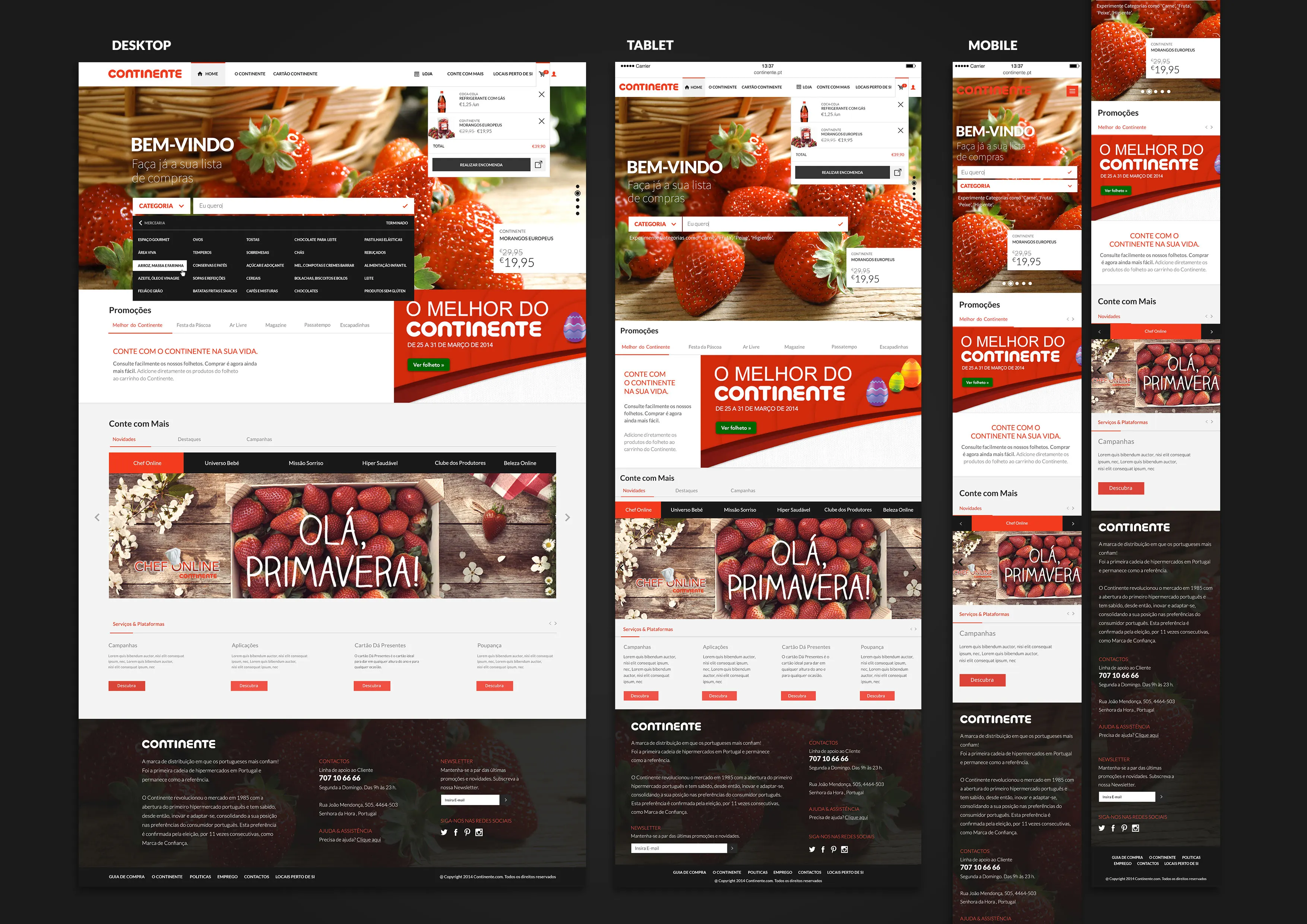 Young Lions proposal: Continente homepage with list-first entry, hero, Conte com Mais tabs, and trust-building structure.