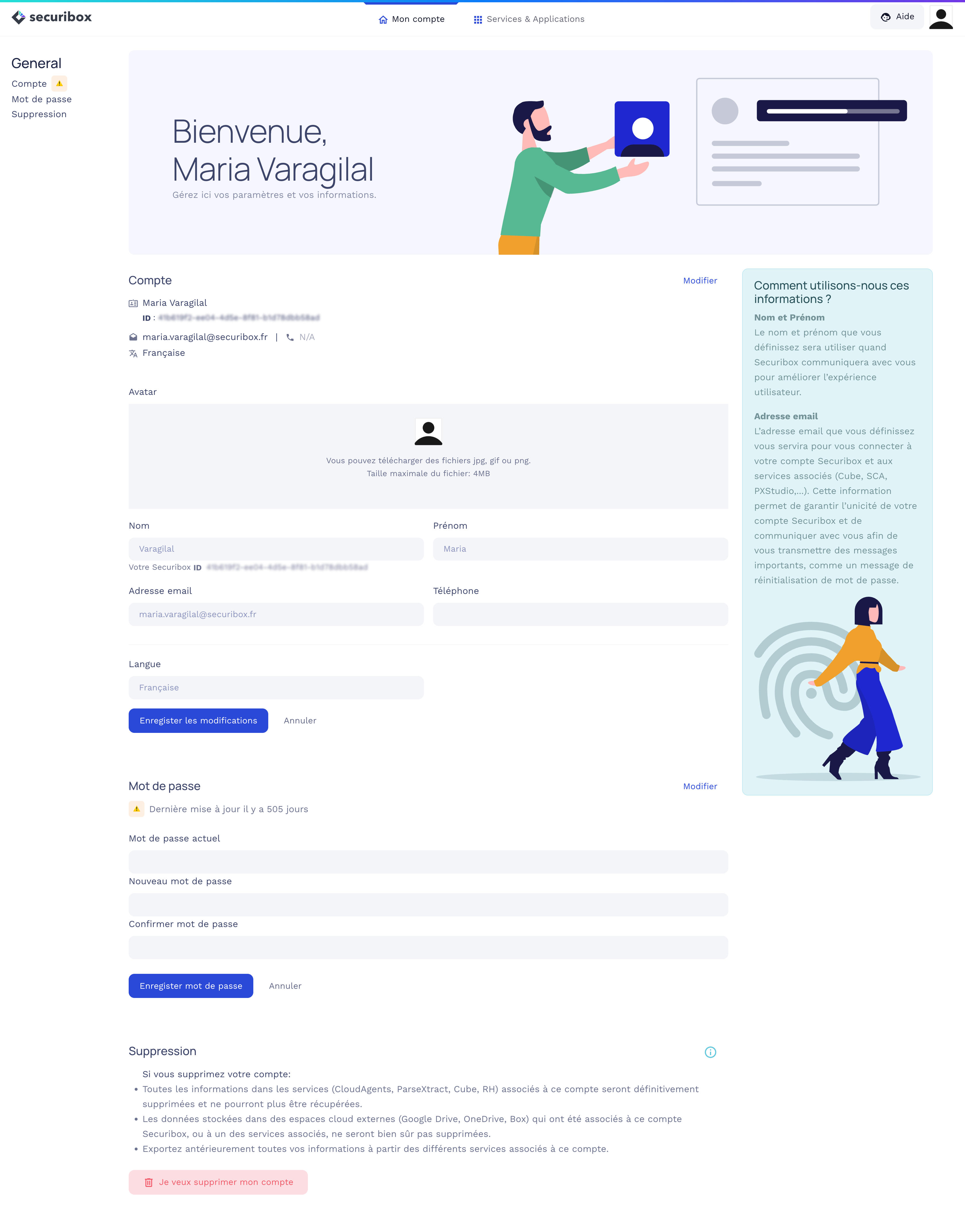 Securibox Me account dashboard from hero through footer, including product mark, headline on authentication, and call-to-action.