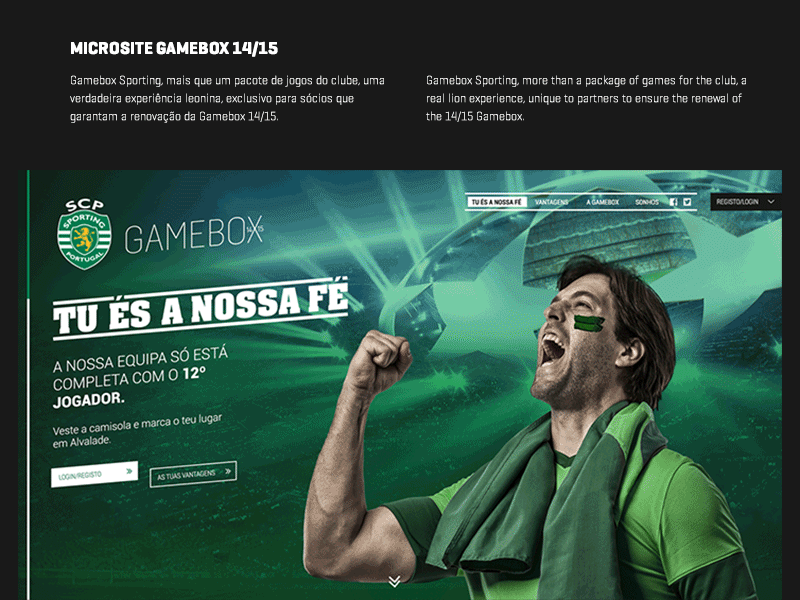 SCP GameBox 14/15 concept: slide with microsite hero in Sporting green, TU ÉS A NOSSA FÉ headline, 12th player line, supporter photo, login and advantages CTAs, and club navigation.